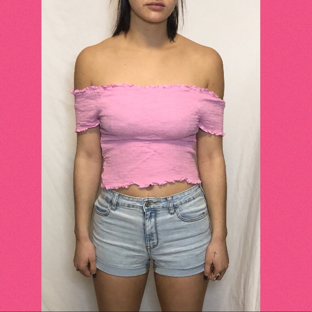 pink off the should crop top